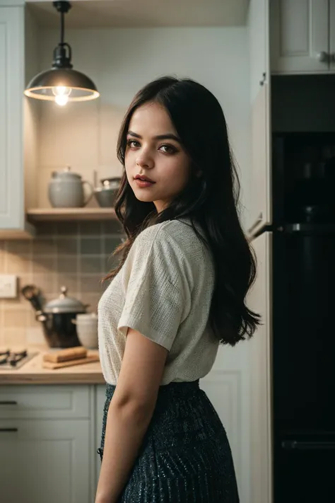 photo of (EPP4l4kS1ndhw4n1:0.99), closeup portrait, perfect hair, (modern photo, [gym uniform|Cropped cardigan with pearl embellishments]), 24mm, (analog, cinematic, film grain:1.3), ((kitchen, oven/stove,closet organizers,ceiling light,cleaning cloths,drawer organizers, natural stone tiles (excluding those mentioned before),quartzite stone,tapestry with gauze overlay tapestry, track lighting,moonlight, under-cabinet lighting, gradient:1.1)), ((detailed eyes)), ((eyeliner, long lashes)), (epicPhoto), long eyelashes, (perfect waist), (painted lips)
