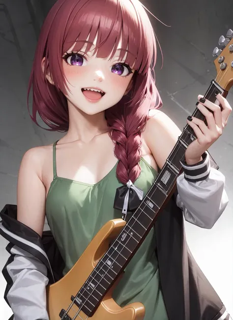 masterpiece, best quality, ultra-detailed, illustration, 1girl, solo, looking at viewer,  <lora:hiroi_kikuri-v10h:0.8>, hiroi kikuri, bachi, bass guitar, black bow, black nails, braided ponytail, breasts, green dress, fang, hair bow, holding, holding instrument, instrument, letterman jacket, medium breasts, open mouth, plectrum, purple eyes, purple hair, smile, solo, white background, :d, off shoulder, blush, collarbone, hair over shoulder, long sleeves, medium dress, music, nail polish, open clothes, open jacket, playing instrument, simple background, strap slip