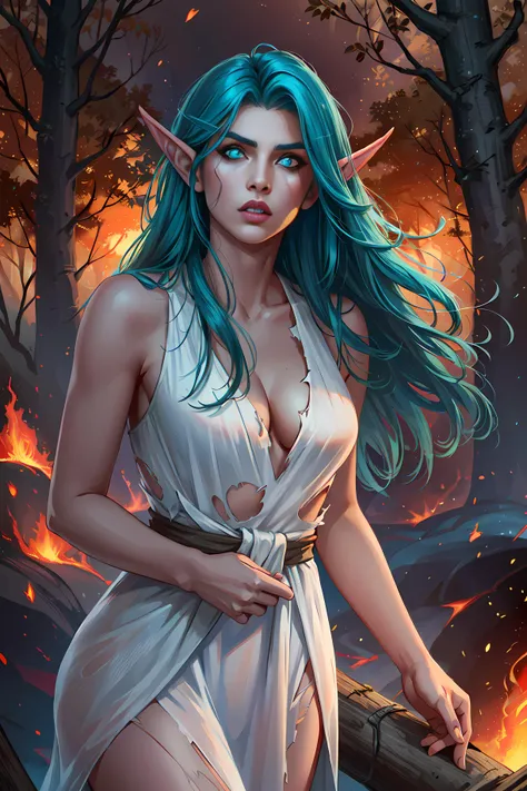 1girl tyrande, aqua hair, glowing eyes, white dress, athletic, gasp, perfect eyes, perfect face,( forest fire:1.3), torn clothes, looking up, gasp, shocked, surprised, burning tree, volumetric lighting,particles, beautiful, masterpiece, high quality, realistic, <lora:sxzTyrandeWhisperwind_sxzTyrande:0.6>