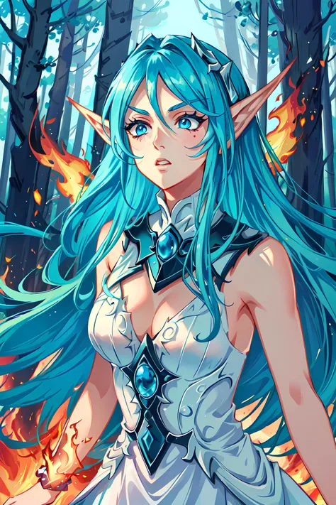 masterpiece, detailed, high quality, absurdres, nightelf, 1girl, solo, blue hair, white eyes, blue skin, glowing eyes, (no pupils), facial mark, armor, strapless, bra, pelvic curtain, hair ornament, forest, night, night sky, fireflies, cowboy shot,