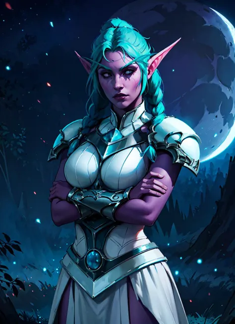 1girl, cowboy shot of beautiful tyrande standing in dark, crossed arms, aqua hair, twin braids, black eyes, white armor, pauldrons, forest, night, moon, high contrast, looking at viewer, volumetric lighting, particles, best quality, masterpiece, realistic, <lora:sxz-tyrande-22lite:0.8>