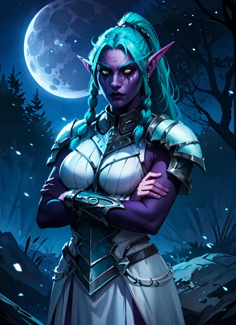 1girl, cowboy shot of beautiful tyrande standing in dark, crossed arms, aqua hair, twin braids, ponytail, black eyes, black sclera, white armor, pauldrons, forest, night, moon, high contrast, looking at viewer, volumetric lighting, particles, best quality, masterpiece, realistic, <lora:sxz-tyrande-22lite:0.8>