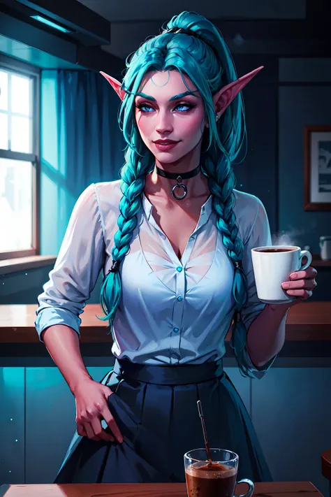 1girl, beautiful tyrande drinking coffee, aqua hair, twin braids, ponytail, glowingblue eyes, white shirt, choker, black skirt, smile, looking away, cafe indoors, volumetric lighting, particles, best quality, masterpiece, realistic, <lora:sxz-tyrande-22lite:0.6>