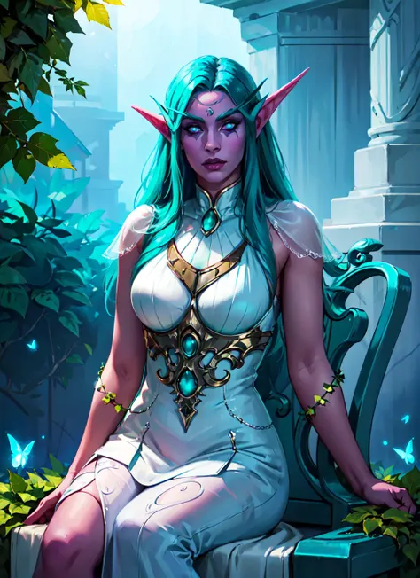 1girl, beautiful tyrande sitting on ivy chair, aqua hair, glowing eyes, white dress, temple, looking at viewer, volumetric lighting, golden glowing, flowers, glowing butterflies, best quality, masterpiece, realistic, <lora:sxz-tyrande-22lite:0.8>