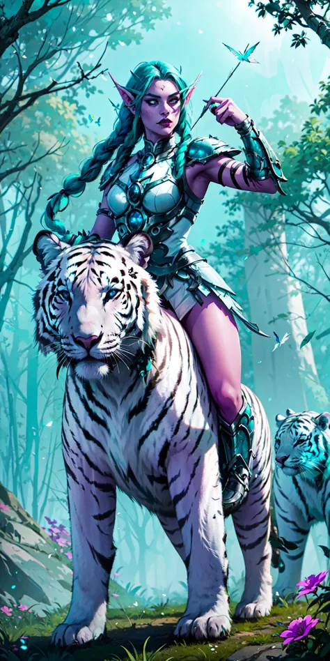 1girl, beautiful tyrande stand up, aqua hair, twin braids, black eyes, white armor, pauldrons, forest, fullbody, riding a white tiger, Holding bows and arrows, looking at viewer, volumetric lighting, flowers, glowing butterflies, best quality, masterpiece, realistic, <lora:sxz-tyrande-22lite:0.8>