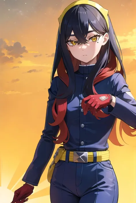 pokemoncarmine, <lyco:pokemoncarmine-lyco-nochekaiser:1>,
pokemoncarmine, black hair, colored inner hair, crossed bangs, hair between eyes, hairband, long hair, mole, mole under eye, multicolored hair, red hair, sidelocks, two-tone hair, (yellow eyes:1.5), yellow hairband,
BREAK buttons, long sleeves, jacket, gloves, red gloves, pants, belt, blue pants, blue jacket,
BREAK looking at viewer, upper body, full body, (cowboy shot:1.5),
BREAK outdoors, space, star, sun, sky,
BREAK <lyco:GoodHands-beta2:1>, (masterpiece:1.2), best quality, high resolution, unity 8k wallpaper, (illustration:0.8), (beautiful detailed eyes:1.6), extremely detailed face, perfect lighting, extremely detailed CG, (perfect hands, perfect anatomy),