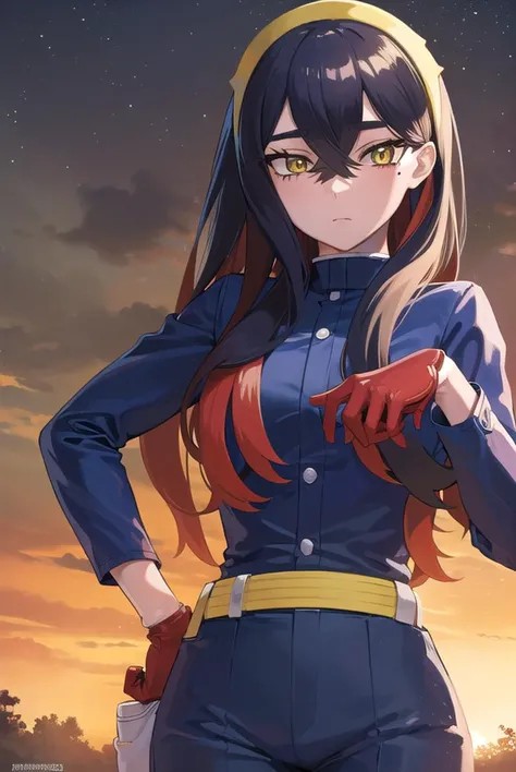 pokemoncarmine, <lyco:pokemoncarmine-lyco-nochekaiser:1>,
pokemoncarmine, black hair, colored inner hair, crossed bangs, hair between eyes, hairband, long hair, mole, mole under eye, multicolored hair, red hair, sidelocks, two-tone hair, (yellow eyes:1.5), yellow hairband,
BREAK buttons, long sleeves, jacket, gloves, red gloves, pants, belt, blue pants, blue jacket,
BREAK looking at viewer, upper body, full body, (cowboy shot:1.5),
BREAK outdoors, space, star, sun, sky,
BREAK <lyco:GoodHands-beta2:1>, (masterpiece:1.2), best quality, high resolution, unity 8k wallpaper, (illustration:0.8), (beautiful detailed eyes:1.6), extremely detailed face, perfect lighting, extremely detailed CG, (perfect hands, perfect anatomy),