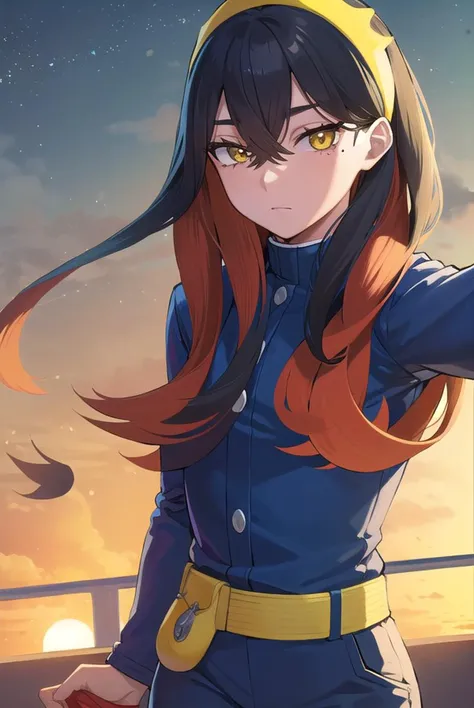 pokemoncarmine, <lyco:pokemoncarmine-lyco-nochekaiser:1>,
pokemoncarmine, black hair, colored inner hair, crossed bangs, hair between eyes, hairband, long hair, mole, mole under eye, multicolored hair, red hair, sidelocks, two-tone hair, (yellow eyes:1.5), yellow hairband,
BREAK buttons, long sleeves, jacket, gloves, red gloves, pants, belt, blue pants, blue jacket,
BREAK looking at viewer, upper body, full body, (cowboy shot:1.5),
BREAK outdoors, space, star, sun, sky,
BREAK <lyco:GoodHands-beta2:1>, (masterpiece:1.2), best quality, high resolution, unity 8k wallpaper, (illustration:0.8), (beautiful detailed eyes:1.6), extremely detailed face, perfect lighting, extremely detailed CG, (perfect hands, perfect anatomy),