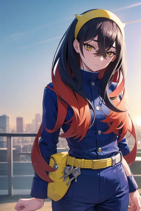 pokemoncarmine, <lyco:pokemoncarmine-lyco-nochekaiser:1>,
pokemoncarmine, black hair, colored inner hair, crossed bangs, hair between eyes, hairband, long hair, mole, mole under eye, multicolored hair, red hair, sidelocks, two-tone hair, (yellow eyes:1.5), yellow hairband,
BREAK buttons, long sleeves, jacket, gloves, red gloves, pants, belt, blue pants, blue jacket,
BREAK looking at viewer, upper body, full body, (cowboy shot:1.5),
BREAK outdoors, space, star, sun, sky,
BREAK <lyco:GoodHands-beta2:1>, (masterpiece:1.2), best quality, high resolution, unity 8k wallpaper, (illustration:0.8), (beautiful detailed eyes:1.6), extremely detailed face, perfect lighting, extremely detailed CG, (perfect hands, perfect anatomy),