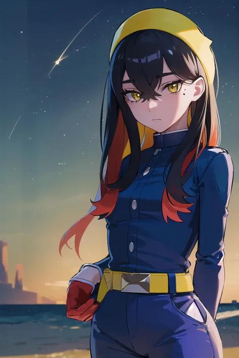 pokemoncarmine, <lyco:pokemoncarmine-lyco-nochekaiser:1>,
pokemoncarmine, black hair, colored inner hair, crossed bangs, hair between eyes, hairband, long hair, mole, mole under eye, multicolored hair, red hair, sidelocks, two-tone hair, (yellow eyes:1.5), yellow hairband,
BREAK buttons, long sleeves, jacket, gloves, red gloves, pants, belt, blue pants, blue jacket,
BREAK looking at viewer, upper body, full body, (cowboy shot:1.5),
BREAK outdoors, space, star, sun, sky,
BREAK <lyco:GoodHands-beta2:1>, (masterpiece:1.2), best quality, high resolution, unity 8k wallpaper, (illustration:0.8), (beautiful detailed eyes:1.6), extremely detailed face, perfect lighting, extremely detailed CG, (perfect hands, perfect anatomy),