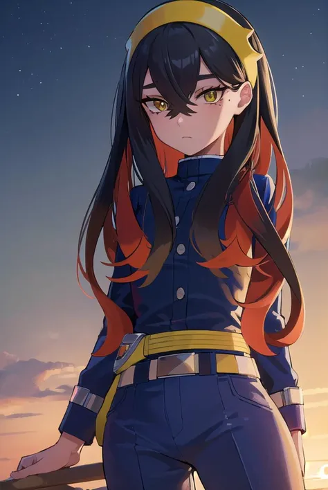 pokemoncarmine, <lyco:pokemoncarmine-lyco-nochekaiser:1>,
pokemoncarmine, black hair, colored inner hair, crossed bangs, hair between eyes, hairband, long hair, mole, mole under eye, multicolored hair, red hair, sidelocks, two-tone hair, (yellow eyes:1.5), yellow hairband,
BREAK buttons, long sleeves, jacket, gloves, red gloves, pants, belt, blue pants, blue jacket,
BREAK looking at viewer, upper body, full body, (cowboy shot:1.5),
BREAK outdoors, space, star, sun, sky,
BREAK <lyco:GoodHands-beta2:1>, (masterpiece:1.2), best quality, high resolution, unity 8k wallpaper, (illustration:0.8), (beautiful detailed eyes:1.6), extremely detailed face, perfect lighting, extremely detailed CG, (perfect hands, perfect anatomy),