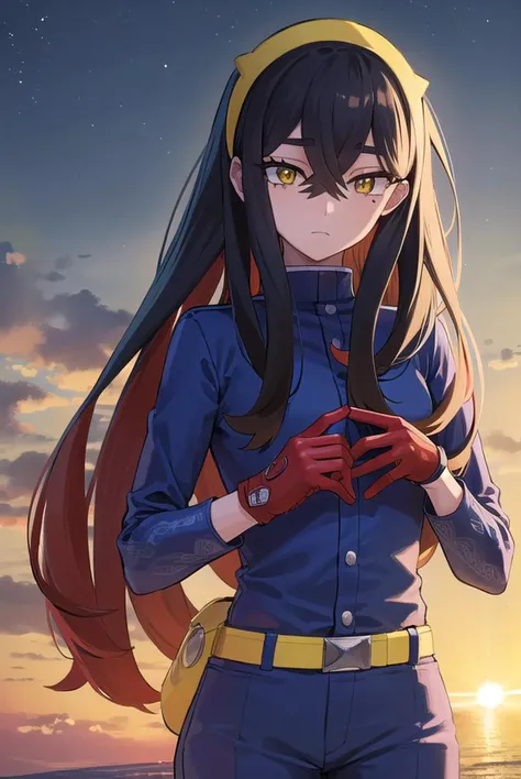 pokemoncarmine, <lyco:pokemoncarmine-lyco-nochekaiser:1>,
pokemoncarmine, black hair, colored inner hair, crossed bangs, hair between eyes, hairband, long hair, mole, mole under eye, multicolored hair, red hair, sidelocks, two-tone hair, (yellow eyes:1.5), yellow hairband,
BREAK buttons, long sleeves, jacket, gloves, red gloves, pants, belt, blue pants, blue jacket,
BREAK looking at viewer, upper body, full body, (cowboy shot:1.5),
BREAK outdoors, space, star, sun, sky,
BREAK <lyco:GoodHands-beta2:1>, (masterpiece:1.2), best quality, high resolution, unity 8k wallpaper, (illustration:0.8), (beautiful detailed eyes:1.6), extremely detailed face, perfect lighting, extremely detailed CG, (perfect hands, perfect anatomy),