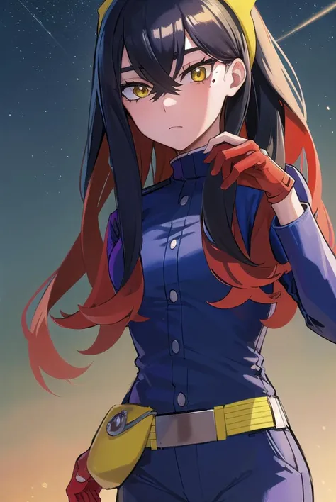 pokemoncarmine, <lyco:pokemoncarmine-lyco-nochekaiser:1>,
pokemoncarmine, black hair, colored inner hair, crossed bangs, hair between eyes, hairband, long hair, mole, mole under eye, multicolored hair, red hair, sidelocks, two-tone hair, (yellow eyes:1.5), yellow hairband,
BREAK buttons, long sleeves, jacket, gloves, red gloves, pants, belt, blue pants, blue jacket,
BREAK looking at viewer, upper body, full body, (cowboy shot:1.5),
BREAK outdoors, space, star, sun, sky,
BREAK <lyco:GoodHands-beta2:1>, (masterpiece:1.2), best quality, high resolution, unity 8k wallpaper, (illustration:0.8), (beautiful detailed eyes:1.6), extremely detailed face, perfect lighting, extremely detailed CG, (perfect hands, perfect anatomy),