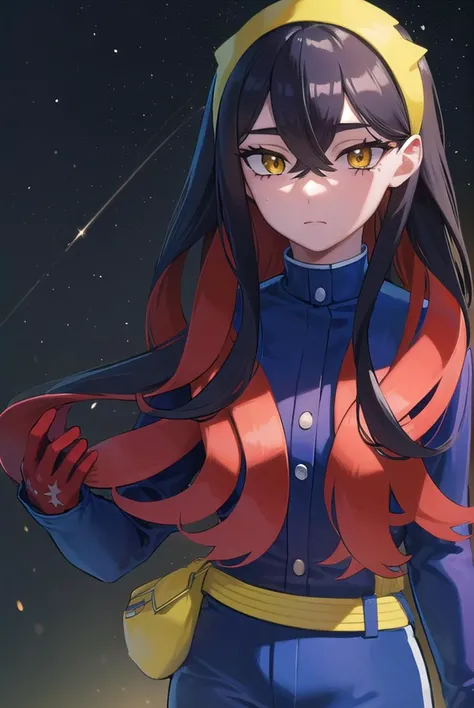 pokemoncarmine, <lyco:pokemoncarmine-lyco-nochekaiser:1>,
pokemoncarmine, black hair, colored inner hair, crossed bangs, hair between eyes, hairband, long hair, mole, mole under eye, multicolored hair, red hair, sidelocks, two-tone hair, (yellow eyes:1.5), yellow hairband,
BREAK buttons, long sleeves, jacket, gloves, red gloves, pants, belt, blue pants, blue jacket,
BREAK looking at viewer, upper body, full body, (cowboy shot:1.5),
BREAK outdoors, space, star, sun, sky,
BREAK <lyco:GoodHands-beta2:1>, (masterpiece:1.2), best quality, high resolution, unity 8k wallpaper, (illustration:0.8), (beautiful detailed eyes:1.6), extremely detailed face, perfect lighting, extremely detailed CG, (perfect hands, perfect anatomy),