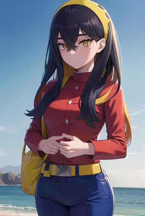 pokemoncarmine, <lyco:pokemoncarmine-lyco-nochekaiser:1>,
pokemoncarmine, black hair, colored inner hair, crossed bangs, hair between eyes, hairband, long hair, mole, mole under eye, multicolored hair, red hair, sidelocks, two-tone hair, (yellow eyes:1.5), yellow hairband,
BREAK buttons, long sleeves, jacket, gloves, red gloves, pants, belt, blue pants, blue jacket,
BREAK looking at viewer, upper body, full body, (cowboy shot:1.5),
BREAK outdoors, space, star, sun, sky,
BREAK <lyco:GoodHands-beta2:1>, (masterpiece:1.2), best quality, high resolution, unity 8k wallpaper, (illustration:0.8), (beautiful detailed eyes:1.6), extremely detailed face, perfect lighting, extremely detailed CG, (perfect hands, perfect anatomy),