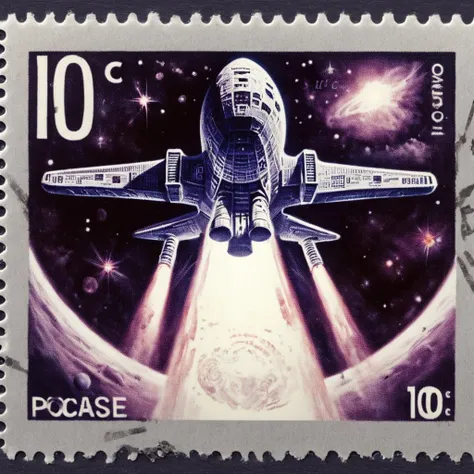 postage stamp of A spaceship in a cosmic setting, 10c written, postmark <lora:Dark_Fantasy_Postage_Stamp:1>