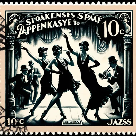 Postage stamp of a roaring 1920s speakeasy scene, flappers dancing to a jazz band, 10c written, postmark, yet with a shadowy figure observing from the background <lora:Dark_Fantasy_Postage_Stamp:1>.
