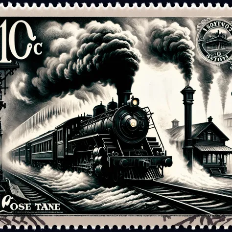 Postage stamp of an old-world train station, steam locomotive poised to depart, enveloped in soft, swirling fog, 10c written, postmark, capturing the romance of vintage travel <lora:Dark_Fantasy_Postage_Stamp:1>.
