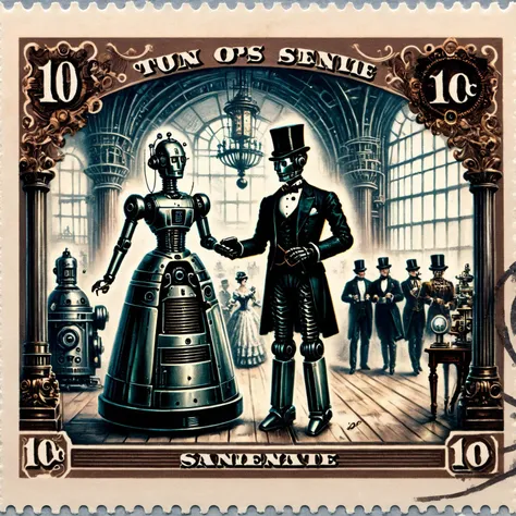 Postage stamp of a robot attending a 19th-century ball, waltzing with humans in period attire, 10c written, postmark, blending steampunk with digital age aesthetics <lora:Dark_Fantasy_Postage_Stamp:1>.
