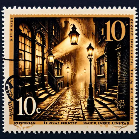 Postage stamp of a misty cobblestone alleyway in Victorian London, gas lamps casting a golden glow, 1p written, postmark, hinting at the mystery and drama of the era <lora:Dark_Fantasy_Postage_Stamp:1>.