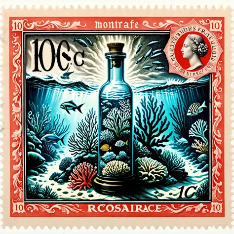 Postage stamp of a vibrant coral reef teeming with marine life, situated in a glass bottle on the desk of a Renaissance scholar, 10c written, postmark <lora:Dark_Fantasy_Postage_Stamp:1>.