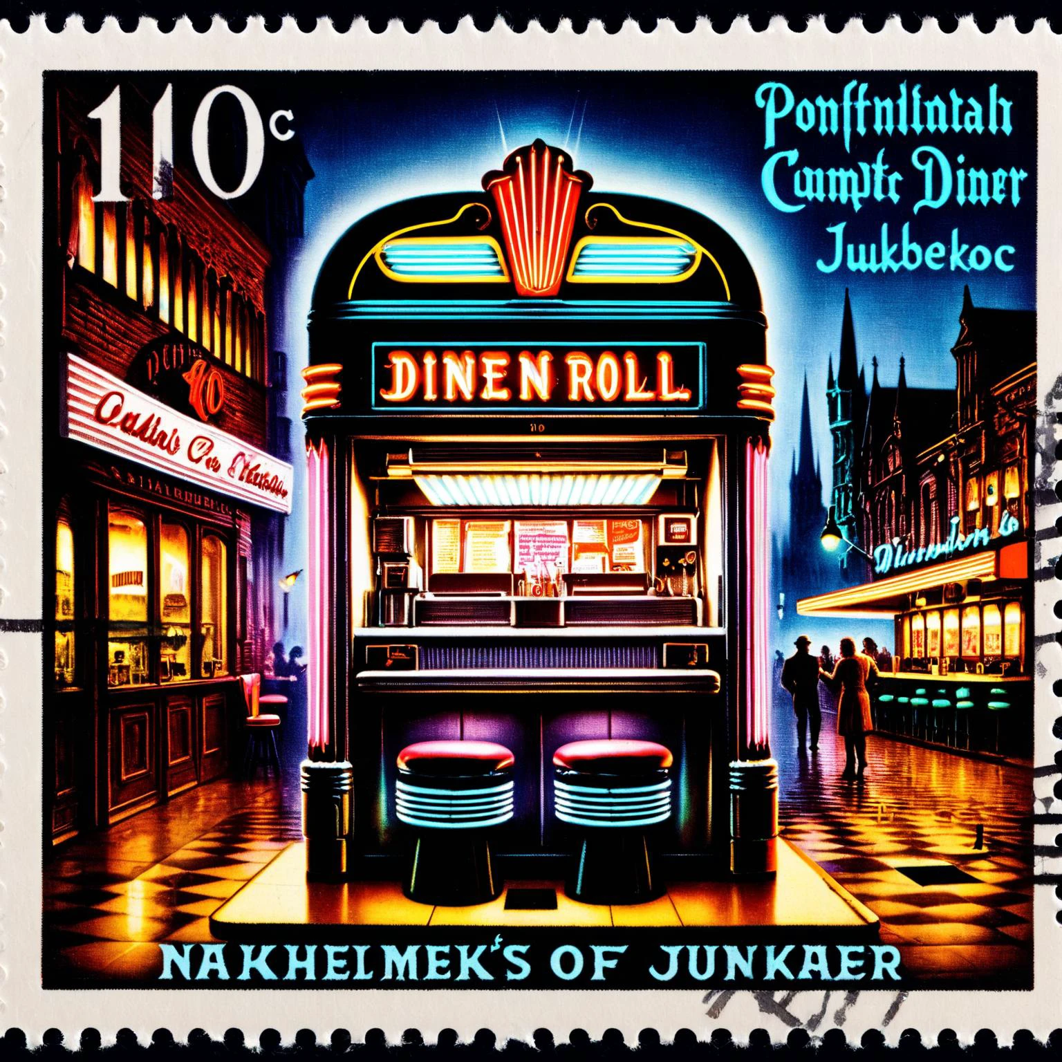 Postage stamp of a 1950s diner with neon lights and classic rock 'n' roll jukebox, situated in the midst of a medieval market square, 10c written, postmark <lora:Dark_Fantasy_Postage_Stamp:1>.