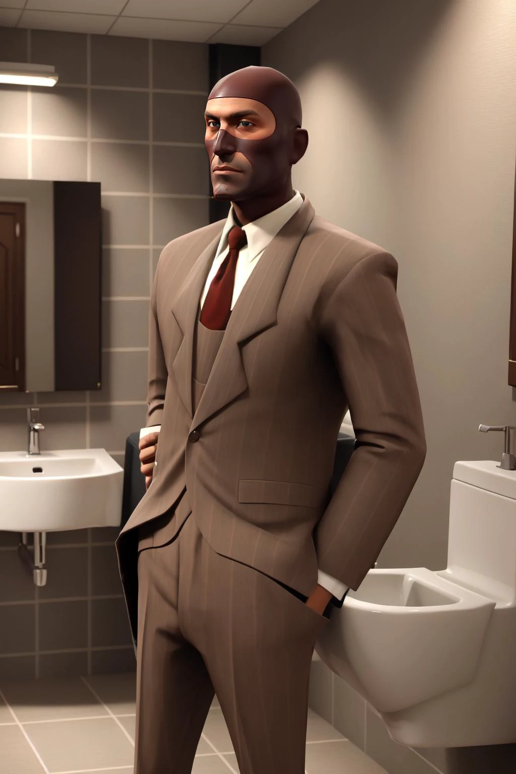 (masterpiece, best quality), intricate details,
1boy, solo, man, suit, <lora:spylorav1:0.8> tf2spy, redteam, face mask, <lora:restroom_v0.2a:0.8> restroom, in the bathroom, urinals,