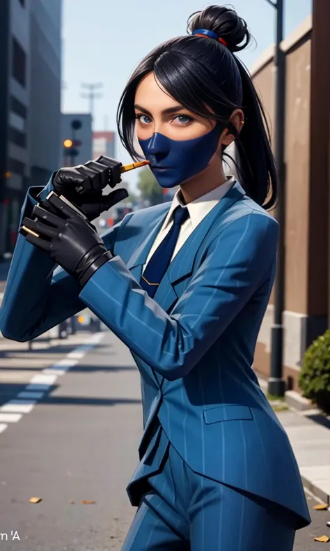 ninja mask,(a girl:1.3),(carrying a knife:1.1),(best quality, masterpiece:1.2), (realistic, photo realistic:1.3), UHD, high detail color photo, extremely detailed CG unity 8k wallpaper, sharp focus, (realistic skin), perfect anatomy, perfect hands, (cinematic lighting),
solo, upper body, tf2spy, blue team,big breasts, bun hair,bun hair,cigarette, detailed eyes, blue suit, blue necktie, black gloves, serious, murderous eyes
â,looking at viewer, <lora:spylorav1:0.8>