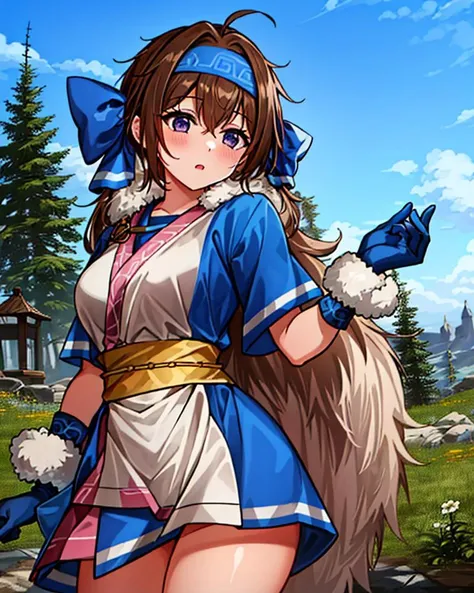(masterpiece, best quality, high resolution) , cowboy shot, 1girl, rimururums, ainu clothes, breasts, headband, gloves, <lora:RimururuMS:1>