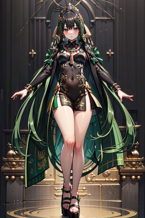qu,multicolored hair,black and green hair,long hair,hair ornament,tiara,chinese clothes,long sleeves,bracelet,necklace,ribbon,black footwear, full body, highres, looking at viewer,blush, thighhighs, medium breasts, ruins, pose,