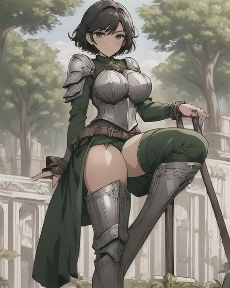 masterpiece, best quality, detailed eyes, detailed face,
<lora:HUCharlotte:0.5>, HUCharlotte, tinted skin, large breasts, short hair, black hair, green eyes, curvy, gentle smile, standing
<lora:fantasy_20230707233406-000012:0.8>, Fantsay, outdoors, armored bodice, (silver), green highlights, short kilt, side slit, thight pants, thigh-high boots, small heel, low heel