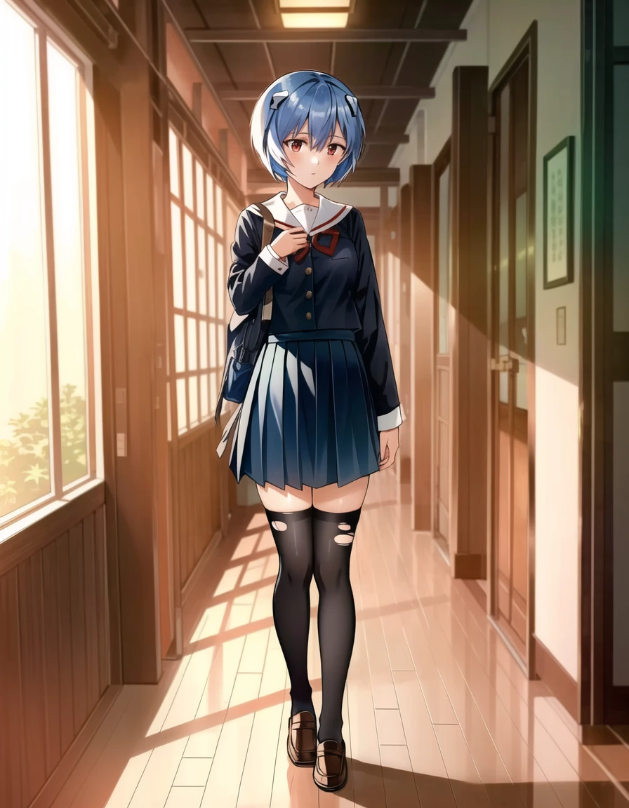 masterpiece portrait of aroused Rei Ayanami \(evangelion\), evangelion \(Hideaki\), caustics, textile shading, high resolution illustration, red eyes, feminine, no pupils, blue hair, short hair, japanese school uniform, loafers, detailed school, japanese school hallway, japanese modern school in Tokyo, soft light, black stockings, torn stockings, indoors, wooden floor, hallway, at night, neon lights