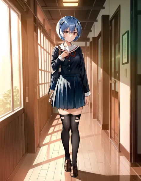 masterpiece portrait of aroused Rei Ayanami \(evangelion\), evangelion \(Hideaki\), caustics, textile shading, high resolution illustration, red eyes, feminine, no pupils, blue hair,  short hair, japanese school uniform, loafers, detailed school, japanese school hallway, japanese modern school in Tokyo, soft light, black stockings, torn stockings, indoors, wooden floor, hallway, at night, neon lights