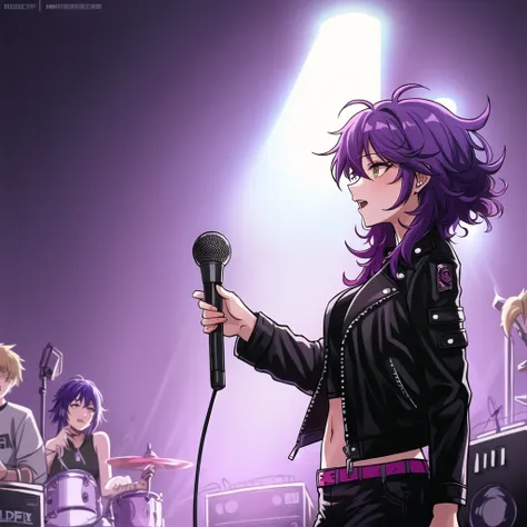 by Alice Pasquini and alena aenami, punk girl, purple hair, wild hair, leather jacket, concert lights