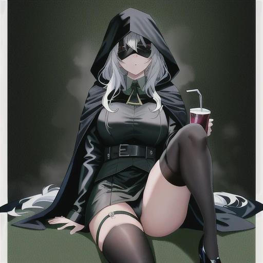 4k, 8k, best quality, masterpiece, fantasy, 1girl, black hood, black cloak, hood low over eyes, ((plague doctor)), nurse, mage, (black stockings), (black background), (((green fog background))), shadows, (sexy), full body, (long white hair), (((eyes covered by hood))) (((grey skin))), ((black lipstick)), ((blindfold)), milf, (((holding a colorful drink))), (((sitting at a bar)))