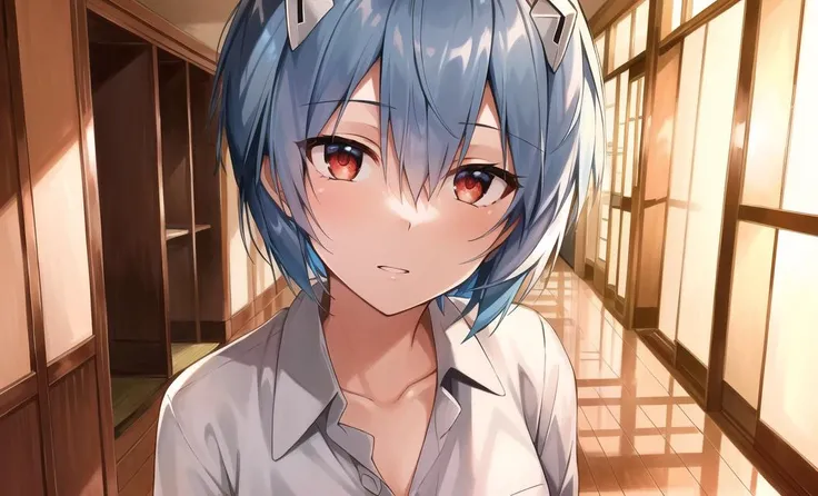 masterpiece portrait of aroused Rei Ayanami \(evangelion\), evangelion \(Hideaki\), caustics, textile shading, high resolution illustration, red eyes, feminine, no pupils, blue hair, short hair, japanese school uniform, loafers, detailed school, japanese school hallway, japanese modern school in Tokyo, soft light, black stockings, torn stockings, indoors, wooden floor, hallway, at night, neon lights, visual novel shot, close up