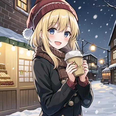 1girl, solo, winter clothes, wool hat, blonde hair, winter town, market street, warm lighting, smile, open mouth, smile, snowing, coffee, paper cup