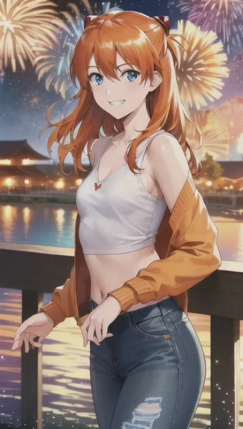 (Masterpiece), (best quality), (8k wallpaper), extremely delicate and beautiful, (beautiful detailed face), 1girl, souryuu asuka langley, neon genesis evangelion, ((small breasts)), athletic body, midriff, shiny skin, ((photorealistic)), ((chinese)), asian, ((japanese)), (((orange hair))), (((blue eyes))), ((((kidmo)))), drawn by kidmo, colorfull clothes, vivid colors, ((((fireworks)))), (new year), (festival), ((sharp focus)), ((cowboy shot)) long hair, (smug), (grin), (teeth), ((red cardigan)), ((blue ripped jeans)), bridge, overlooking lake, ((water reflection)), sparkling, floating particles, colorfull particles, lots of fireworks