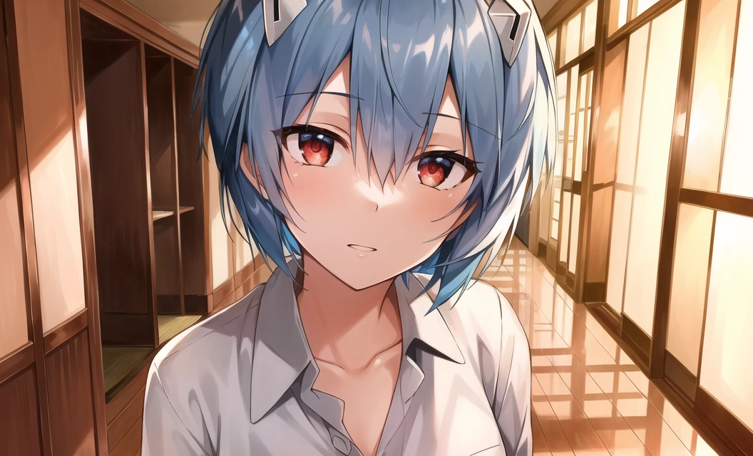 masterpiece portrait of aroused Rei Ayanami \(evangelion\), evangelion \(Hideaki\), caustics, textile shading, high resolution illustration, red eyes, feminine, no pupils, blue hair, short hair, japanese school uniform, loafers, detailed school, japanese school hallway, japanese modern school in Tokyo, soft light, black stockings, torn stockings, indoors, wooden floor, hallway, at night, neon lights, visual novel shot, close up