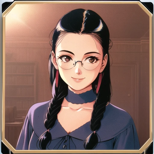 a girl,
rounded glasses,smile,
(((middle widow's peak))),
black haired,
long straight hair,((hair bands)),long plaits,
(realistic),VHS color,(vintage_color),glare