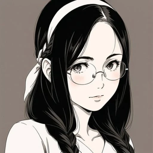 a girl,
rounded glasses,
(((middle widow's peak))),
black haired,
long straight hair,((hair bands)),plaits,
(realistic),VHS color,vintage color,soft shadows,