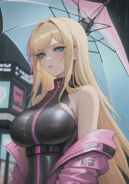 masterpiece, best quality, 1girl, blonde hair, eyeliner, long hair, (Ice blue eyes), swept bangs, pink lips,large breasts, cyberpunk clothing, cyberpunk city, neon umbrella, rain, {{{{{{{side shaved head}}}}}}}