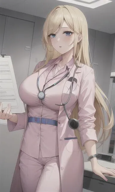masterpiece, best quality, 1girl, blonde hair, eyeliner, long hair, (Ice blue eyes), swept bangs, pink lips,large breasts, doctor outfit, lab coat, stethoscope, hospital, clipboard, pants, blouse