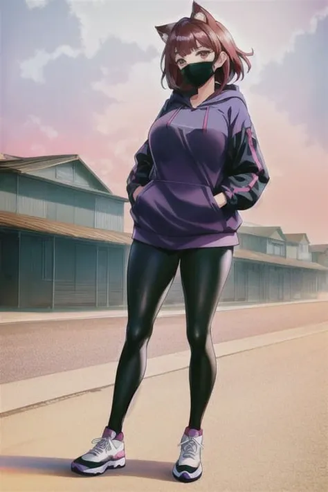 (modelshoot style),missymuscle-8100, best quality, masterpiece, ((1girl)), (((face mask))), neko ears, muscles, big breasts, thighs, (hands in pockets), dark short hair, red eyes, ((hoodie)), ((leggins)), sneakers, bag on shoulder, ((walking)), modern street, sakura trees, lonely, sad, soft colors, soft shadows, empty town, volumetic lighting, windy, petals <lora:animeScreencapStyle_v230epochs:0,2> cloudport