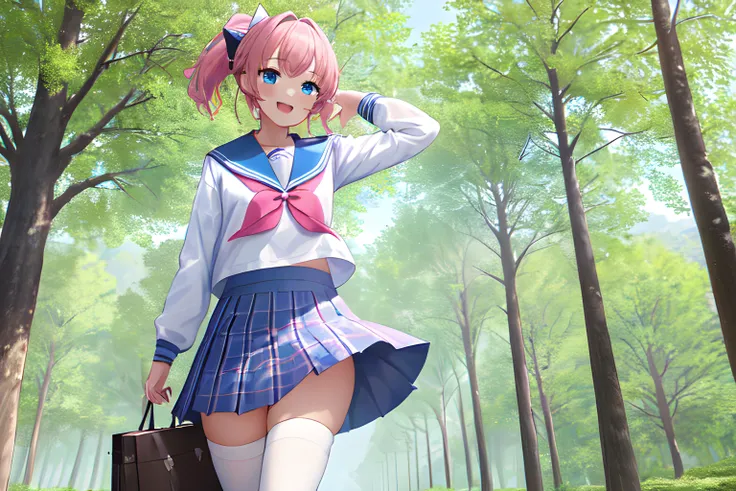 Masterpiece, highres, high quality, Detailed face, best quality, 1girl, pantyshot, white shirt, blue serafuku, miniskirt, pink sailor collar, hair bow, ponytail, wind, walking, thighhighs, from below, tree, plaid, open mouth, smile, checkered skirt, holding brown bag, pink short hair, blazer, looking at viewer, blue sky, wind lift shirt, cloud, sunset, blush, crop top, crossed bangs, hairclip, hair between eyes, solo, autumn, absurdres, Detailed and Intricate