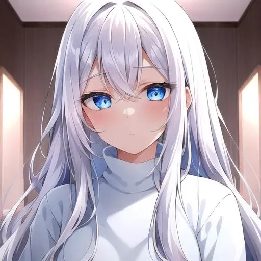 white hair, 1 girl, blue eyes, glowing blue eyes, cute, beautiful face, beautiful colors, beautiful lighting, pink bedroom, black oversized long sleeved sweater