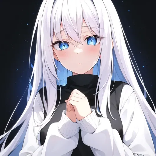 white hair, 1 girl, blue eyes, glowing blue eyes, cute, beautiful face, beautiful colors, beautiful lighting, pink bedroom, black oversized long sleeved sweater