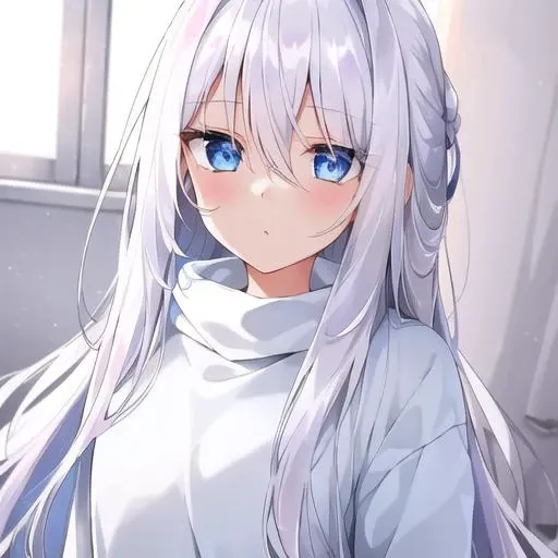 white hair, 1 girl, blue eyes, glowing blue eyes, cute, beautiful face, beautiful colors, beautiful lighting, pink bedroom, black oversized long sleeved sweater