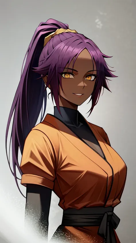 best quality , yoruichi,wearing battle kimono  ,beautiful,gorgeous , highly detailed , unreal engine , octane render   , slim and lean  , detailed face, 8k high res ,slight smile, ray traced reflections, mature  , 8k high res ,mildly muscular , extremely detailed eyes  , masterpiece, (mj:0.2)  ,yellow eyes ,in a beautiful lush garden ,medium breasts ,