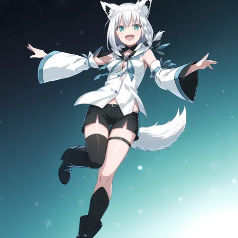 2d, masterpiece, high quality, best quality, anime, detailed eyes, detailed face, full body, <lora:shirakami fubuki:1>, fubuki, shirakami fubuki, (((white hair))), medium hair, aqua eyes, fox girl, fox tail, fox ears, ear fluff, small breasts, braid, (single braid), (side braid), white shirt, shorts, short shorts, black shorts, blue ribbon, neck ribbon, (white sleeves), (detached sleeves), wide sleeves, (((single thighhigh))), thighhighs, black thighhigh, thigh strap, boots, black boots, short boots, mouth open, happy, smile, 1 girl, solo, star pattern, starry background, knees up, floating, dark blue background